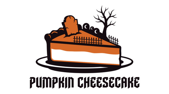 Spooky Halloween pumpkin cheesecake slice vector logo illustration with a creepy graveyard tombstone and bare tree design elements