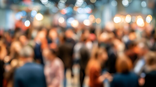 Blurred crowd gathers warmly inside a festive hall, creating dynamic energy, representing celebration, gathering, and social event