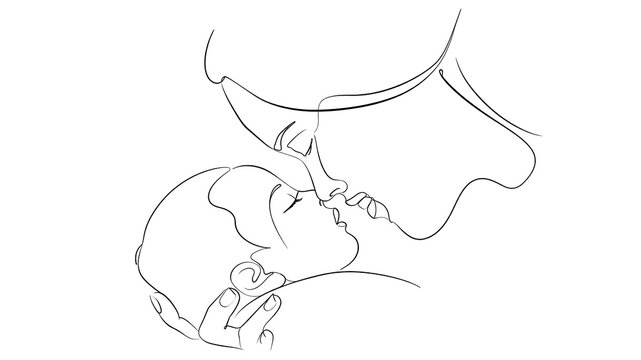 A tender line-art portrait portrays a mother gently caressing her sleeping baby, expressing unconditional love, protection, warmth, and family.
