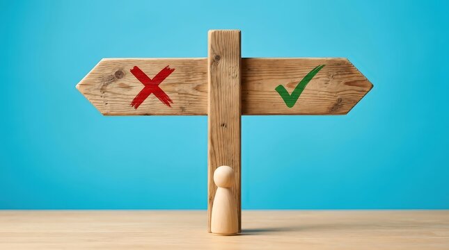 Wooden directional signpost with red cross and green checkmark symbols standing on blue background