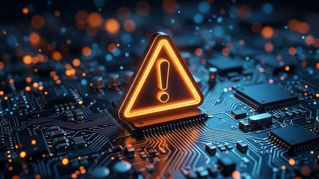 Glowing orange warning sign symbol resting securely on a high tech computer circuit board