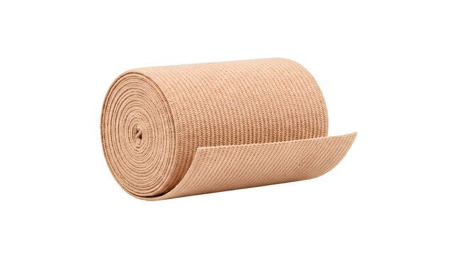 Rolled elastic compression bandage for sprain support and injury recovery, flexible medical crepe wrap gauze for first aid treatment, isolated transparent background cutout PNG element
