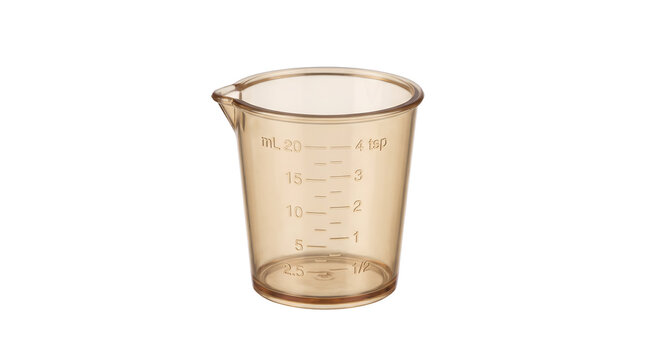 Empty plastic medicine measuring cup with volume scale for syrup dosage, transparent graduated container for pharmaceutical liquid measurement, isolated transparent background cutout PNG