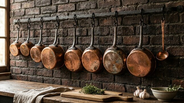 Rustic Copper Pots Hanging on Brick Wall in Vintage Kitchen