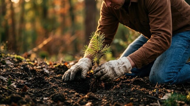 Dedicated volunteer planting young pine tree sapling carefully into rich soil during sunset