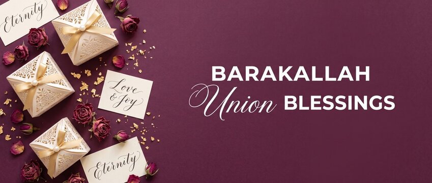 Islamic Wedding Favor Gift Boxes with Dried Roses and Gold Flakes Flat Lay Banner Background for Nikah Marriage Celebration, Barakallah Blessings Card, Luxury White Laser Cut Favors with Ribbon