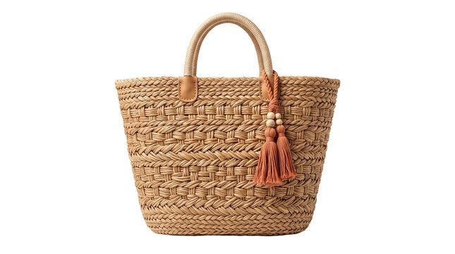 Woven straw beach tote bag with tassel accent, stylish natural raffia handbag for summer travel and casual fashion accessories isolated PNG with Transparent Background