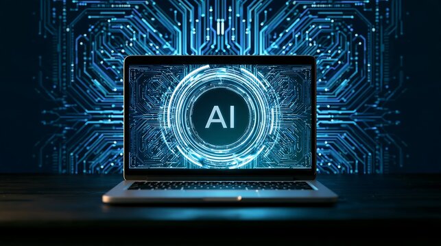 Laptop displaying glowing ai text with circular interface set against a dark blue digital circuit board background pattern