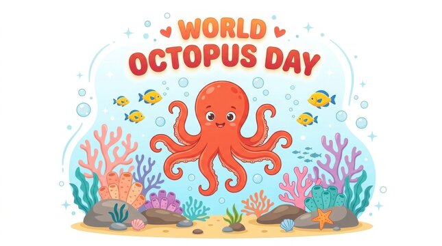 World octopus day celebration illustration with cute octopus and colorful coral reef underwater