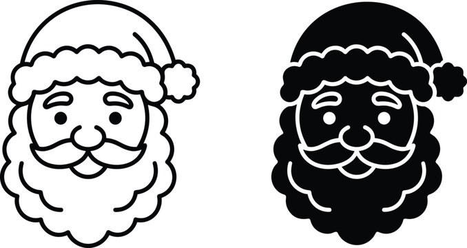 Cute Santa Claus Face Icon Pack Featuring Thin Black Outline and Bold Solid Silhouette Styles for Christmas Graphic Designs Mobile Apps and Festive Stickers