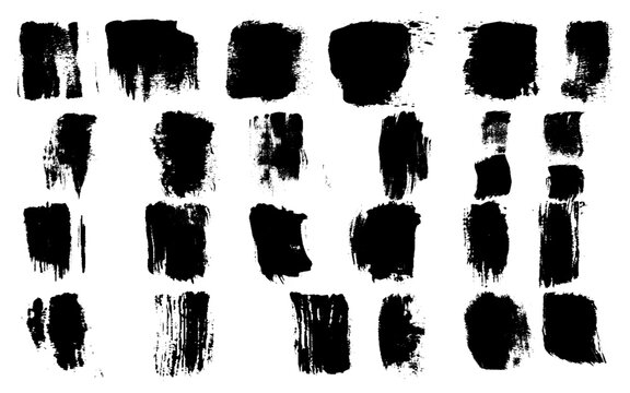 Isolated black textured brush strokes set. Collection of square isolated black textured grunge brush strokes. Dirty hand drawn inky lines and blobs set for graphic design