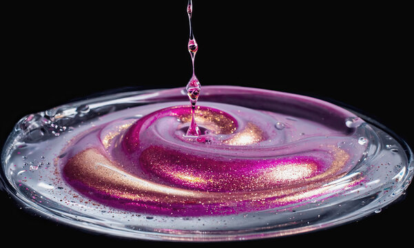 A glittering pink and gold liquid droplet falls into a swirling pool of glossy resin on a black studio background, close-up abstract texture. glitter swirl, liquid art, macro texture. Copy space