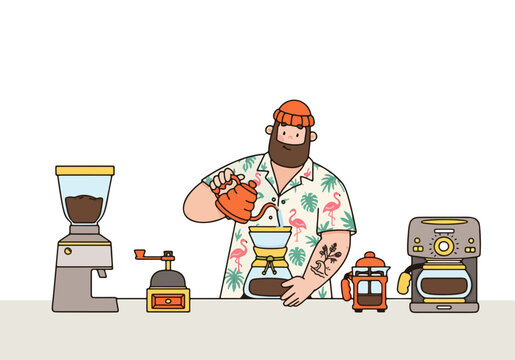 Hipster Barista Pouring Filter Coffee with Chemex Equipment Vector Illustration