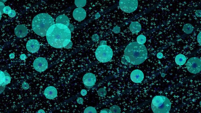 Floating turquoise spheres and mathematical cross symbols drifting through deep space against a dark starry background with gentle ambient light motion effect.