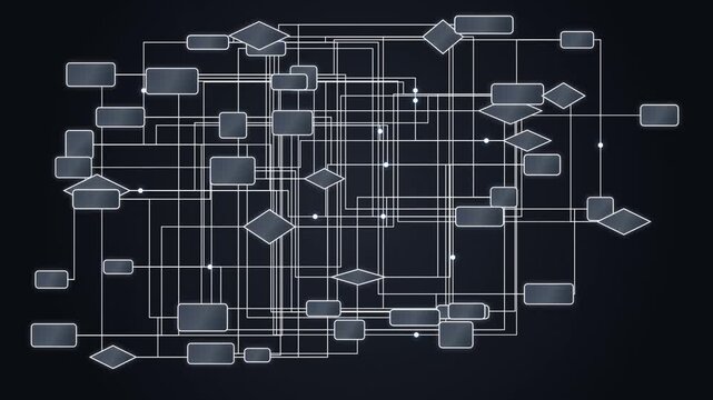 Complex corporate flowchart and data network diagram background loop