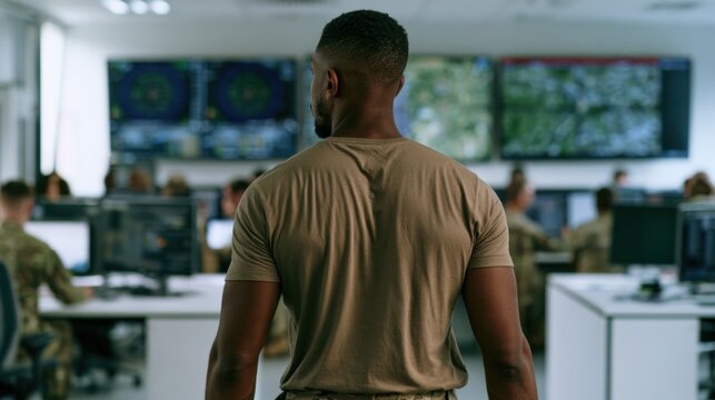man in military uniform standing in a control room with multiple screens