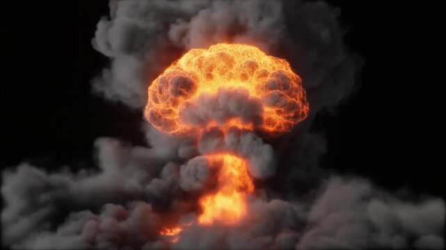 Epic Mushroom Cloud Loop Fiery Core Rising Smoke Rolling Outward And Dust Forming In Motion