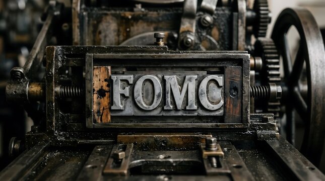 Metallic letters spelling fomc in a vintage letterpress printing machine with industrial background