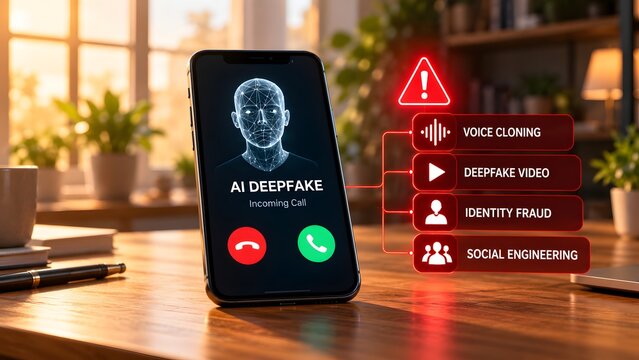 3D concept of an incoming smartphone call warning about AI deepfake voice cloning identity fraud and social engineering scams on a wooden desk