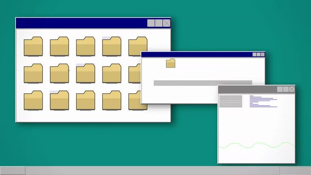 Retro computer interface showing file folders and progress bars