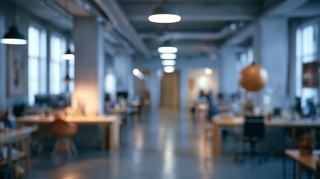 Modern office workspace with blurred desks and warm industrial lighting creating a professional yet collaborative environment