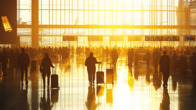 Busy Airport Terminal at Sunset with Silhouetted Travelers