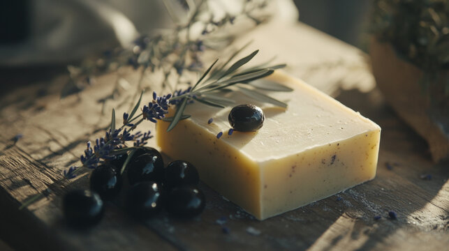 Handmade Olive Oil Soap with Lavender and Herbs on Wooden Surface