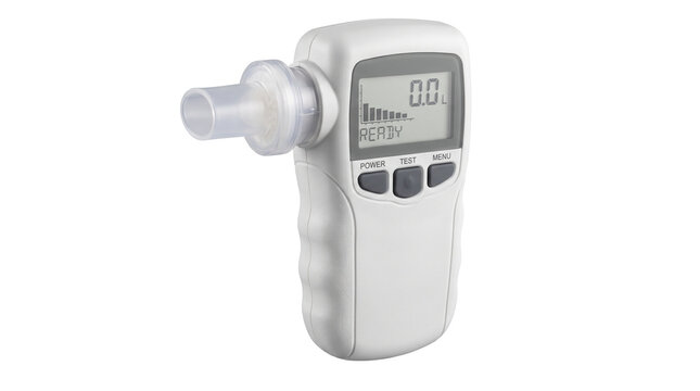 Portable digital spirometer device with plastic mouthpiece for lung function test, electronic respiratory monitor for asthma diagnosis, isolated transparent background cutout PNG element