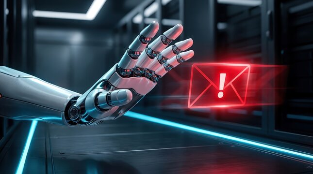 Robotic metal hand blocking warning red email notification inside futuristic dark server room setting