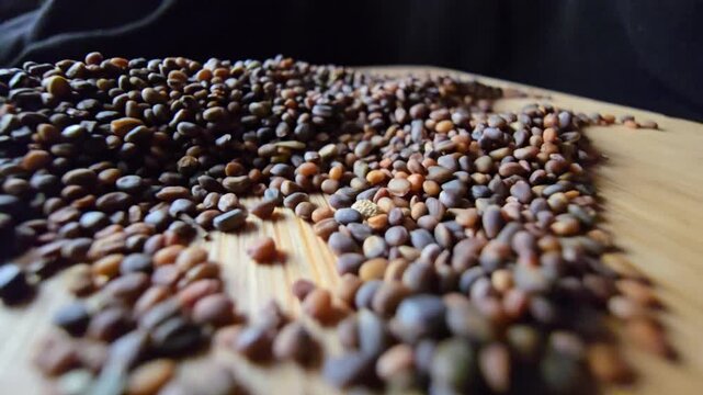 Close-up macro video of raw arugula seeds piled on a wooden surface, showing detailed textures for organic agriculture and nutrition.