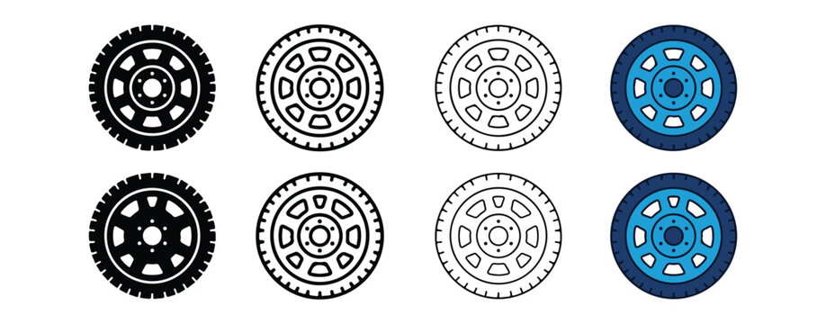vehicle wheel designs featuring tires treads and rims in different styles isolated on transparent background