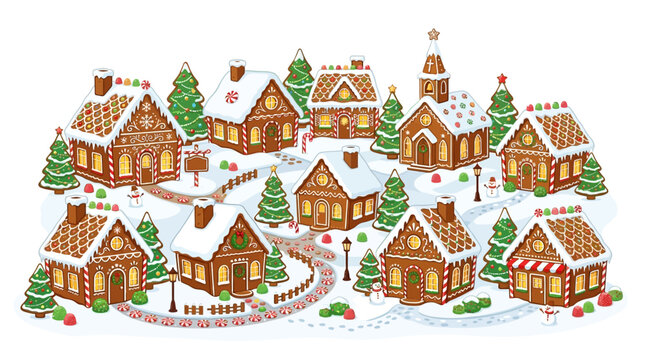 Gingerbread village illus&hellip; concept illustration with colorful elements for creative decoration and seasonal celebration isolated background