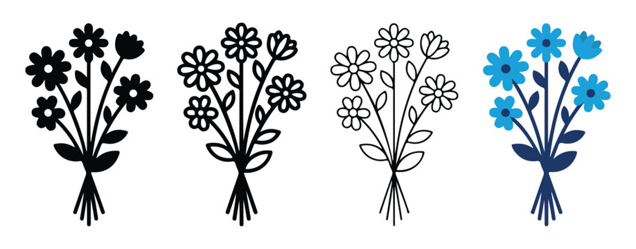 Colorful floral bouquet illustrations featuring simple line art and filled designs isolated on transparent background