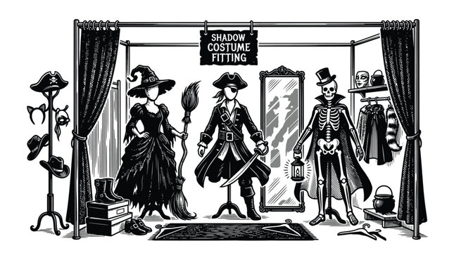 Detailed black and white engraving illustration showcasing spooky Halloween costumes including witch pirate and skeleton outfits