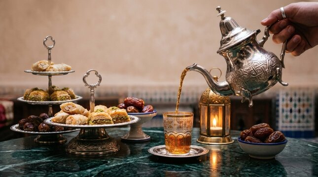 Traditional Middle Eastern tea pouring from a silver pot with baklava and dates