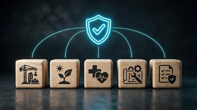Wooden cubes featuring various safety and protection symbols connected to a glowing security shield icon