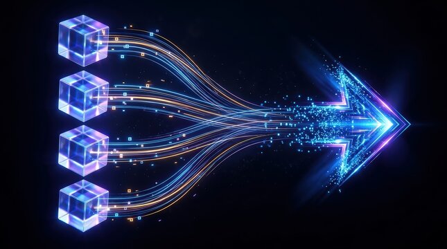 Glowing glass cubes transmitting data streams into a bright digital arrow shape concept