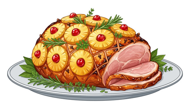 Christmas ham with pineapple dec&hellip; concept illustration with colorful elements for creative decoration and seasonal celebration isolated background