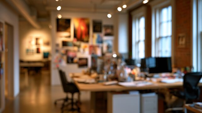 Modern creative workspace with warm lighting, wooden tables, framed art, and industrial-chic decor blending creativity and productivity