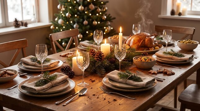 Festive Christmas dinner table setting with roasted turkey and candles.