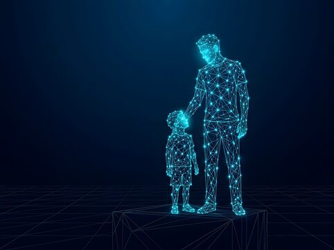 Father and son glowing network connection in a digital space