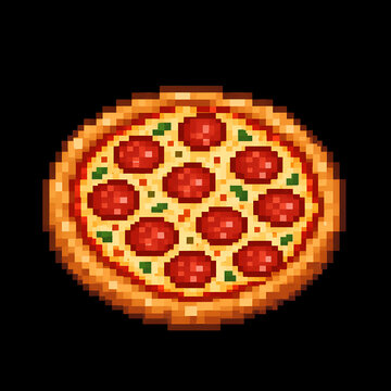 Pixel art pepperoni pizza illustration isolated on black background