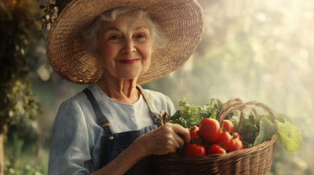 Senior Farmer Holding Fresh Organic Vegetables in Basket