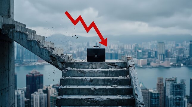 Black leather briefcase sitting alone on broken concrete stairs under red downward trending arrow symbol
