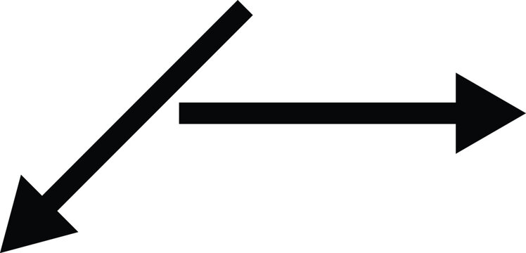 Two Directional Arrow Vector Set. Diagonal Down Left Arrowhead Pointer and Horizontal Right Arrowhead Pointer in Solid Black. directional arrow vector