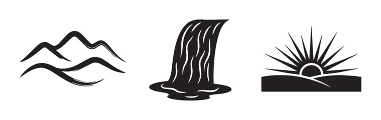 Nature Icons: Mountains, Waterfall, Sunrise Over Landscape, Vector Graphics for Environmental and Outdoor Themes © Abu