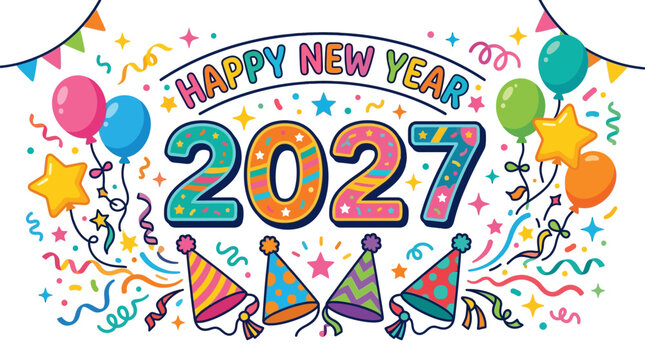 New year greeting concept illustration with colorful elements for creative decoration and seasonal celebration isolated background