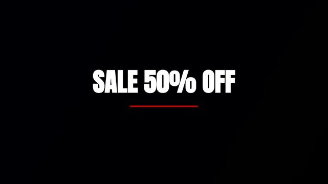 Sale 50% off motion title card, minimalist discount promotion typography, white bold sale percentage text animation for retail advertising