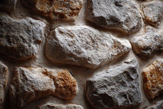 Close-up of a rustic stone wall with textured grey and brown rocks, natural stone cladding pattern with concrete grout.