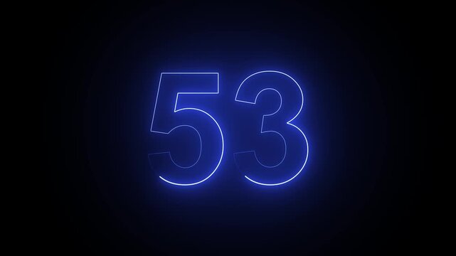 Glowing blue neon number 53 isolated on a dark black background